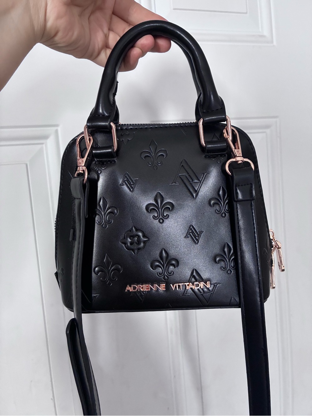 Adrienne Vittadini Black Embossed Leather Satchel with Rose Gold Hardware